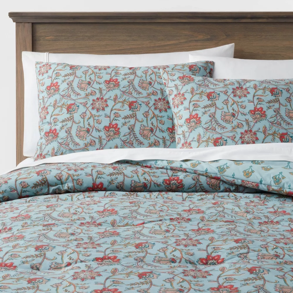 Twin/Twin Extra Long Floral Printed Comforter & Sham Set Light Teal Blue - Threshold