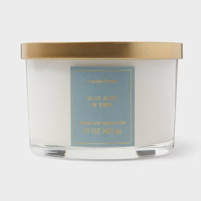 Blue Aloe and Rain 15oz Gold LIdded Glass Jar 3 Wicks - Opalhouse